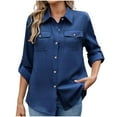 thumbnail image 2 of Sevevn Women's Fashion Casual Solid Color Long Sleeved Lapel Button Pocket Shirt Top Blue XL Early Access Deals, 2 of 8