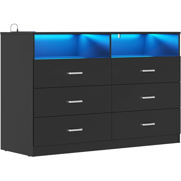 Dresser for Bedroom, 6 Drawer Dresser with Charging Station and Led Light, Modern Chest of Drawers for Bedroom, Living Room,Black