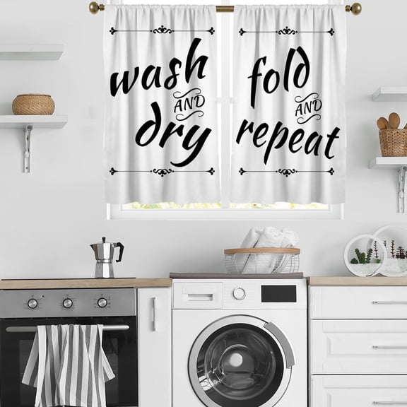 Laundry Kitchen Curtains Black and White Wash Quotes Words Dry Fun Printed Simple Small Short 27.5" W x 36" L Window Treatment Tiers for Bedroom Living Room Bathroom 2 Panels Rod Pocket Drapes