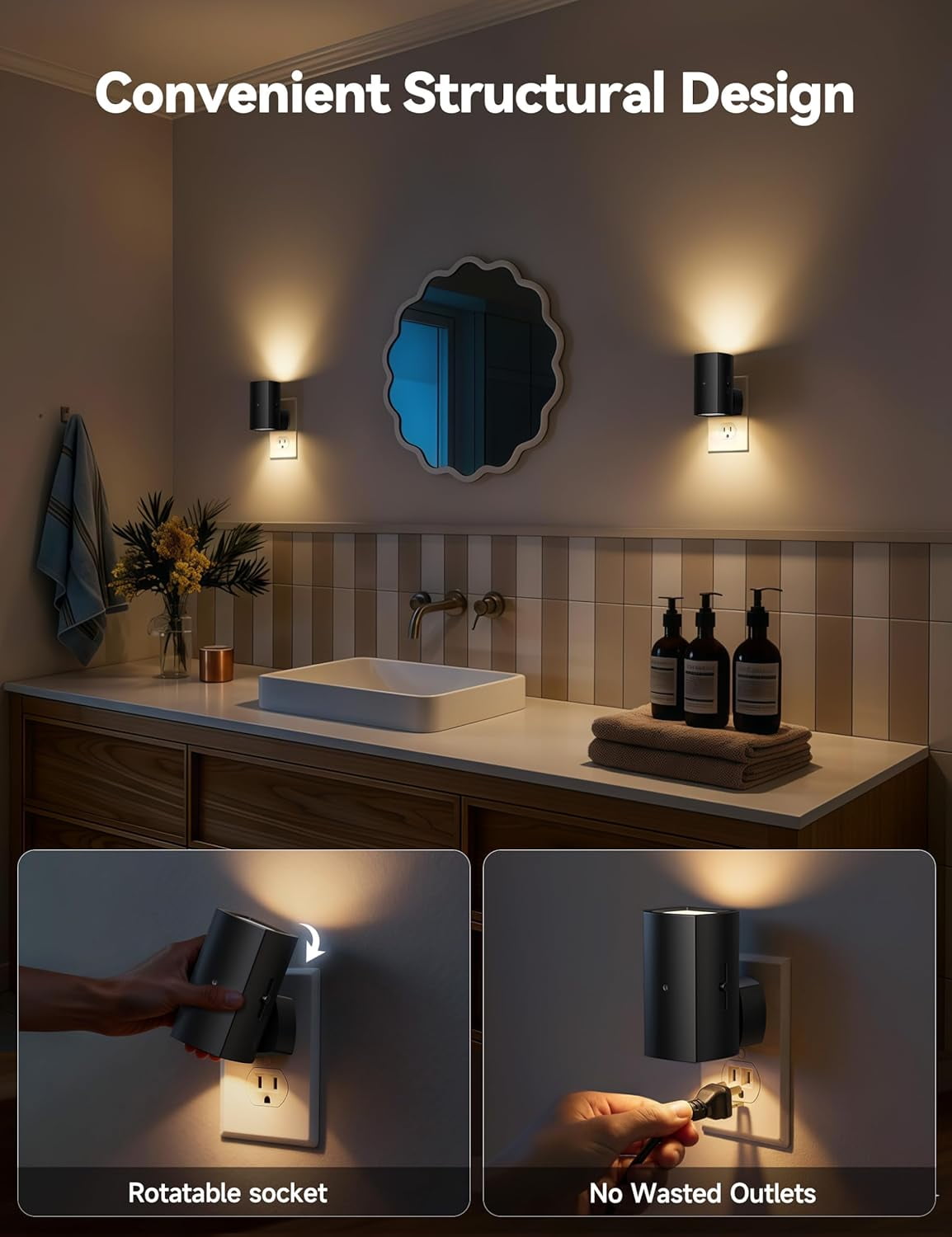 2 Pack Night Lights Plug Into Wall, Modern Night Light with Rotating Plug, Dusk to Dawn Sensor, 0-100LM Stepless Dimming Nightlights, Home Decor for Hallway Bedroom Bathroom, Soft White