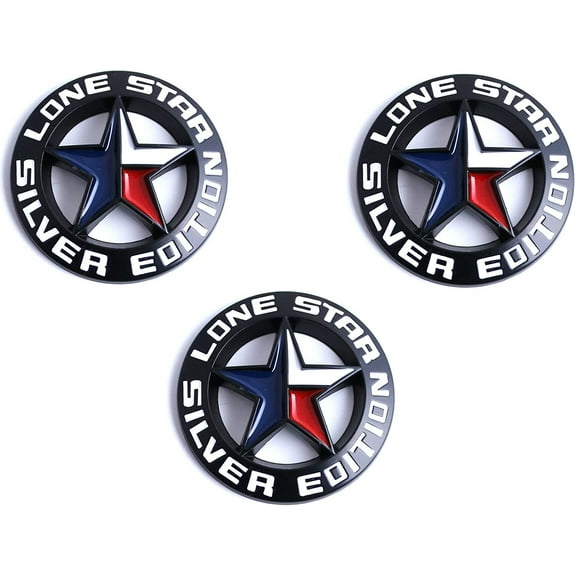 Muzzys (Set of THREE) -BLACK- LONE STAR SILVER EDITION Texas Emblem Decal Longhorn Badge Universal StickOn FITS Chevy Silverado Suburban Tahoe Sierra F150 Ranger F-150 Ram Titan Truck Door Tailgate