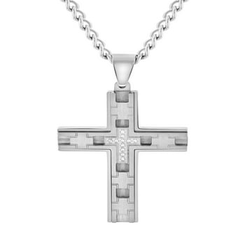 Believe by Brilliance Men’s Stainless Steel Cubic Zirconia Cross Pendant Necklace Chain