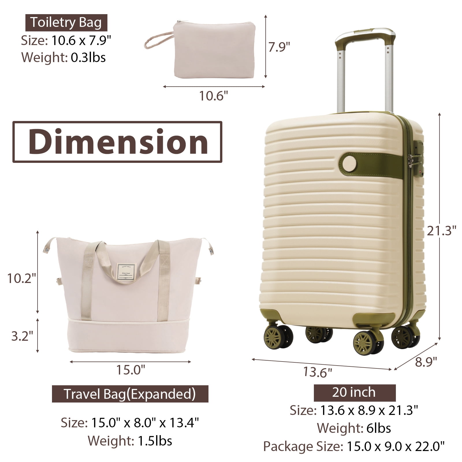 EUROCO 3 Piece Luggage Set, 20" Carry-on Suitcase with TSA Lock and Spinner Wheels, Lightweight Hardshell ABS Suitcase Set for Men Women,White Green