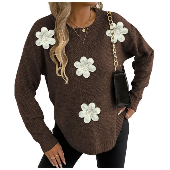 Kilaqueen Fall Sweaters for Women 2025 3D Floral Embellishment Crew Neck Long Sleeve Knit Pullover Tops Casual Comfy Trendy Warm Sweater