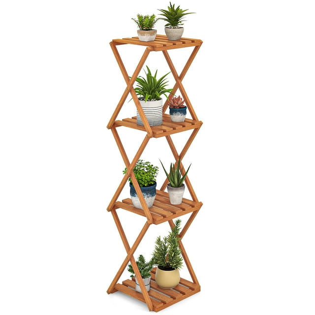 Gymax Support à Plantes Pliant à 4 Niveaux avec Couches à Lattes Structure Stable en Forme de X