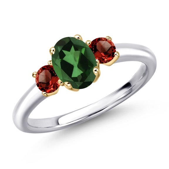 Gem Stone King 10K Two Tone Gold Emerald Envy Mystic Topaz and Red Garnet Engagement Ring for Women | 1.20 Cttw | Oval 7X5MM | Gemstone November Birthstone | Size 8
