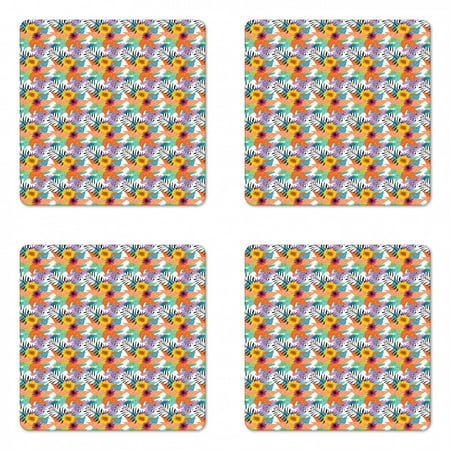 

Tropical Coaster Set of 4 Exotic Flourishing Hawaiian Summer Flowers Drawn by Hand Island Plantation Square Hardboard Gloss Coasters Standard Size Multicolor by Ambesonne
