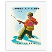 Colorado - United Air Lines - Fisherman Fly Fishing - Vintage Airline Travel Poster by Joseph Binder c.1950s - Fine Art Rolled Canvas Print 11in x 14in