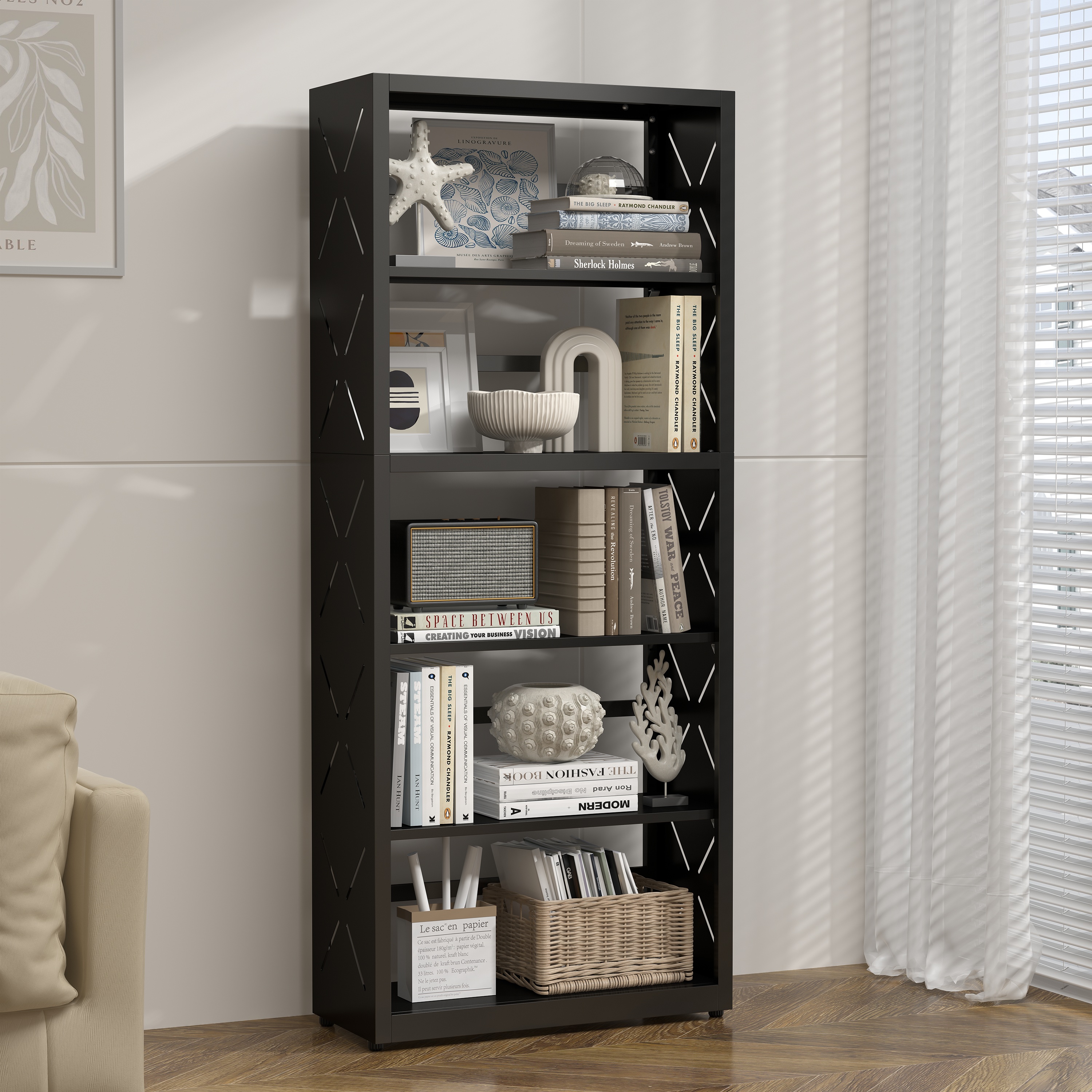 Polup 5-Tier Metal Shelves Bookcase with Bookends Industrial Adjustable Freestanding Black 1-Pack 55 in H x 23 in W