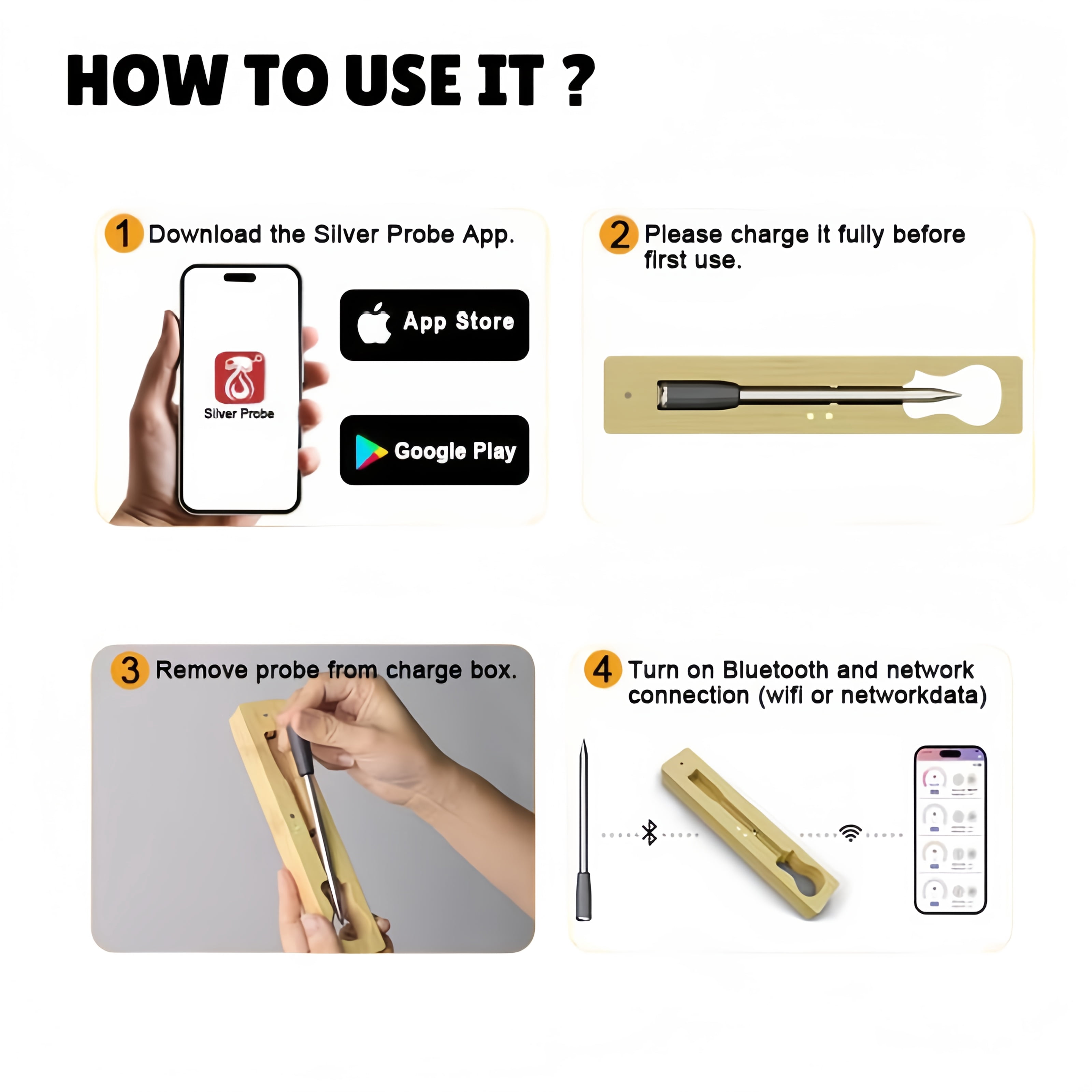 Smart Bluetooth Bamboo Wireless Meat Digital Thermometer for Grill, Oven, Air Fryer, Kitchen, BBQ, Perfect for Steak Chicken Turkey and More Delicious Recipes, Digital Cooking Thermometer with Apps