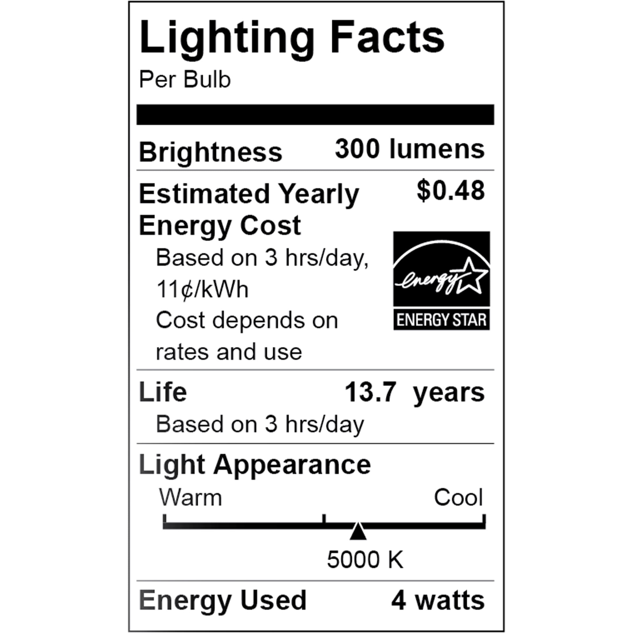 Great Value LED Light Bulb, 4W (40W Equivalent) B10 Deco Lamp E12 Candelabra Base, Dimmable, Daylight, 12-Pack