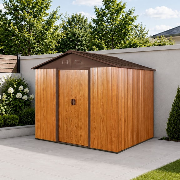 CarButler 8x6ft Metal Outdoor Storage Shed with Lockable Sliding Doors for Garden Backyard Patio Lawn Coffee