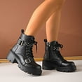 thumbnail image 6 of Black Women'S Casual Boots With A Biker Style, Round Toe, Lace-Up Front, Belt Buckle, Mid Heel For Height, 6 of 9