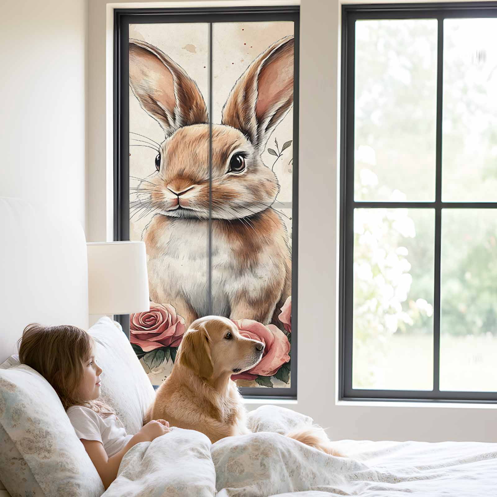 Egg Bunny Window Privacy Film, Retro Rose Frosted Glass Window Clings Static Cling UV Heat Blocking Reusable Door Sticker for Bathroom 23.6 x 59 Inch