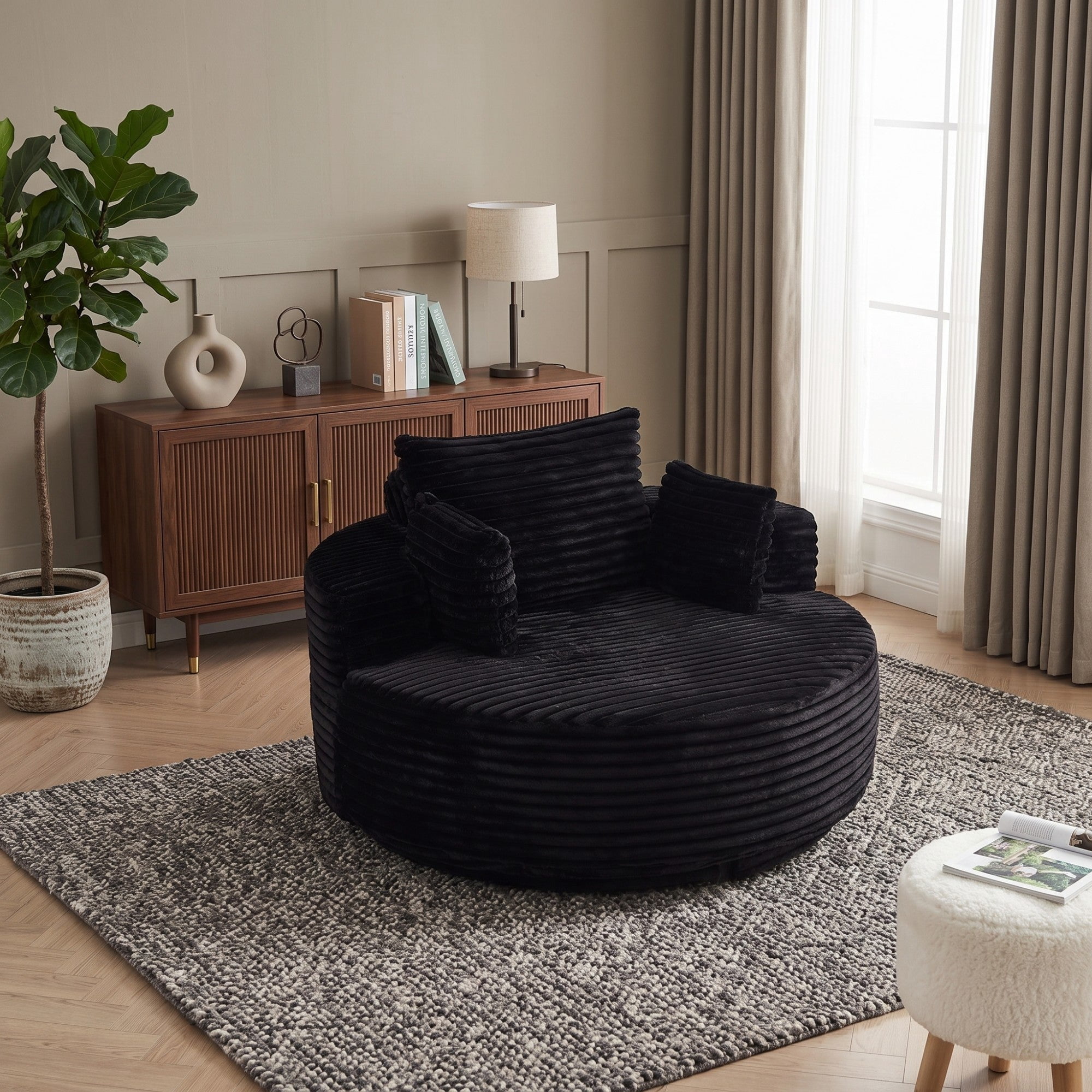 Sailvan 55" Corduroy Fabric Swivel Chair, Modern Round Sleeper Sofa with 360 Degree Rotation, Fluffy Foam Lounge Chair for Living Room Black