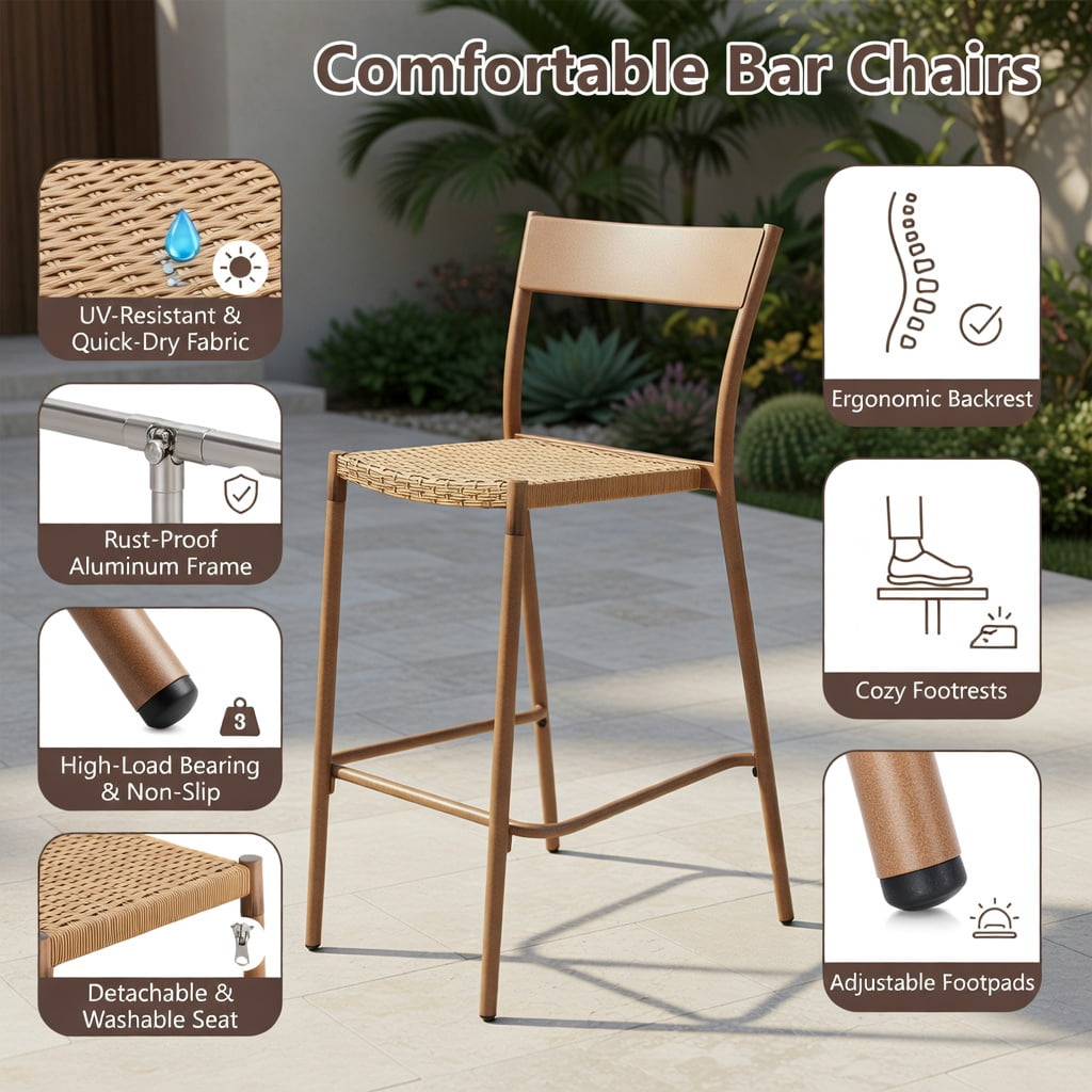 Hommoo 2-Pack Light Brown Woven Rattan Bar Stools with Metal Frame, Indoor/Outdoor Patio Bar Chairs, 29" Seat Height, Stackable & Space-Saving Design, Light Brown