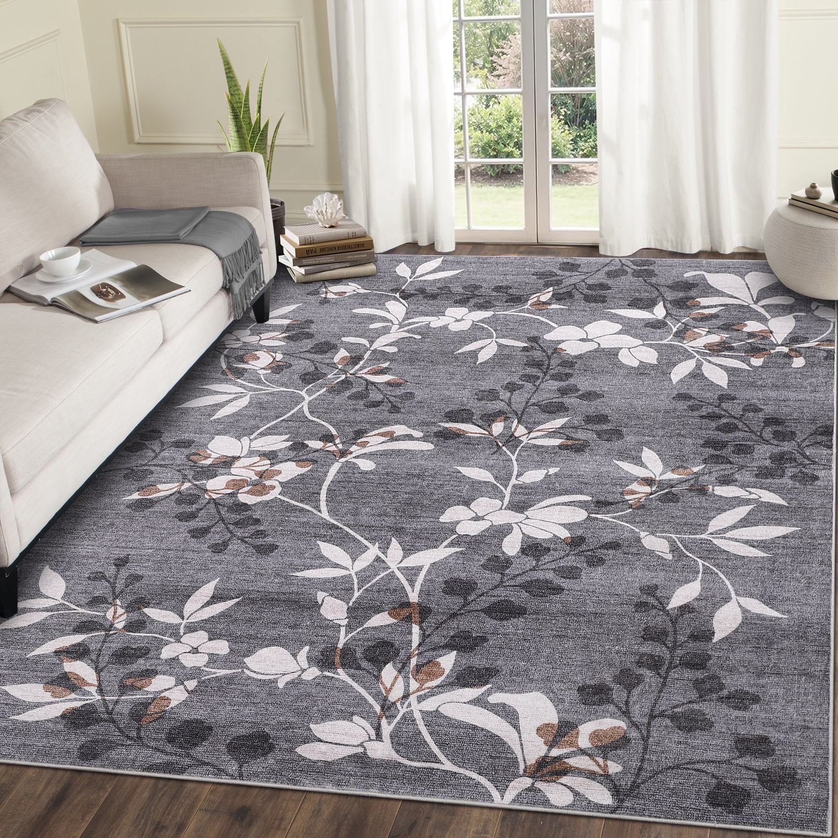 Garvee 5'x7' Modern Area Rug Washable Floral Accent Carpet with Non-Slip Backing, Stain-Resistant Soft Rugs Low Pile Floor Mats, Botanical Print Rug for Living Room, Bedroom, Dining Room, Gray
