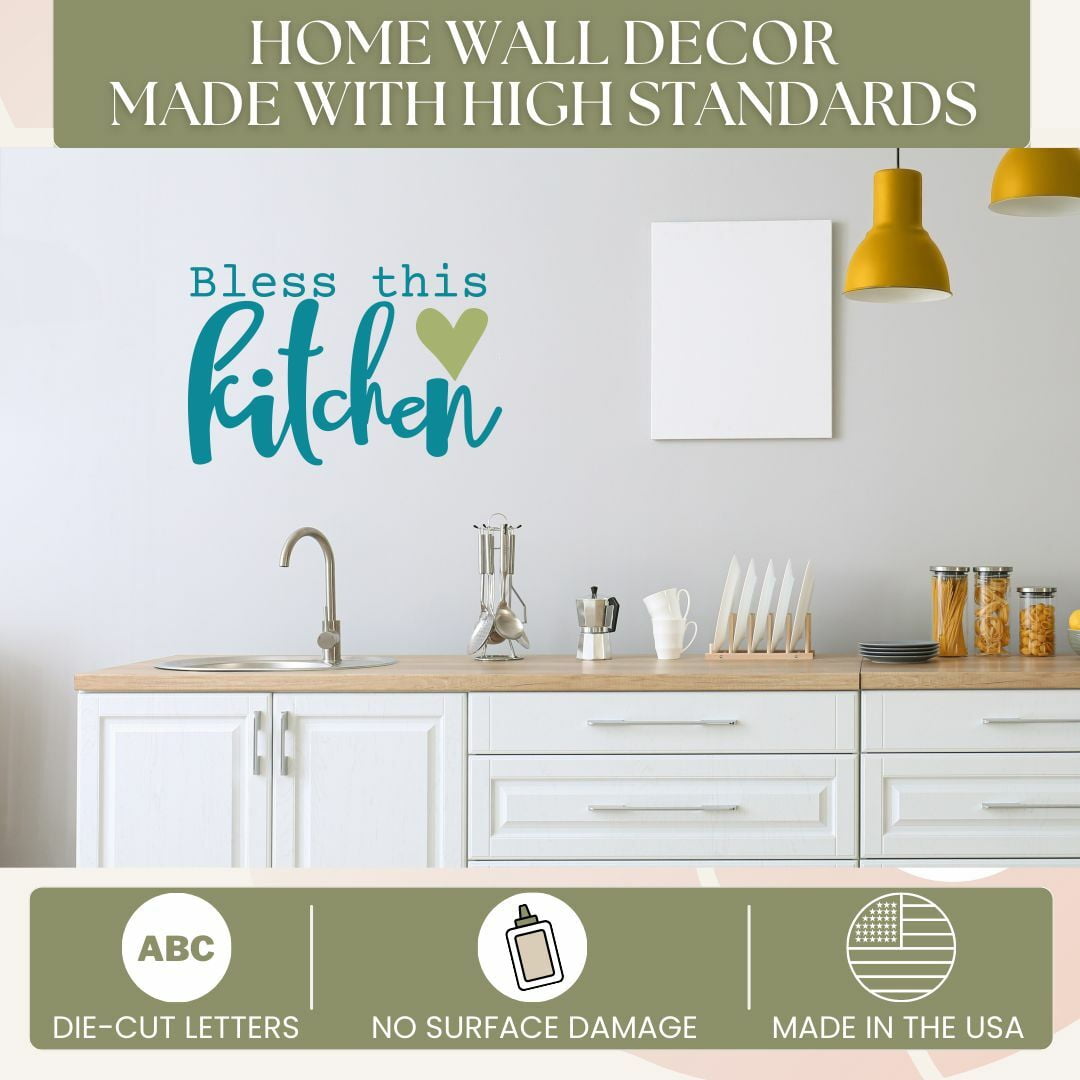 Bless This Kitchen Kitchen Wall Stickers - Quote Decals for Walls - Die-Cut Vinyl Wall Art - Matte Vinyl Wall Decal Sayings for Wall Décor 23x15- Inch Teal/Olive