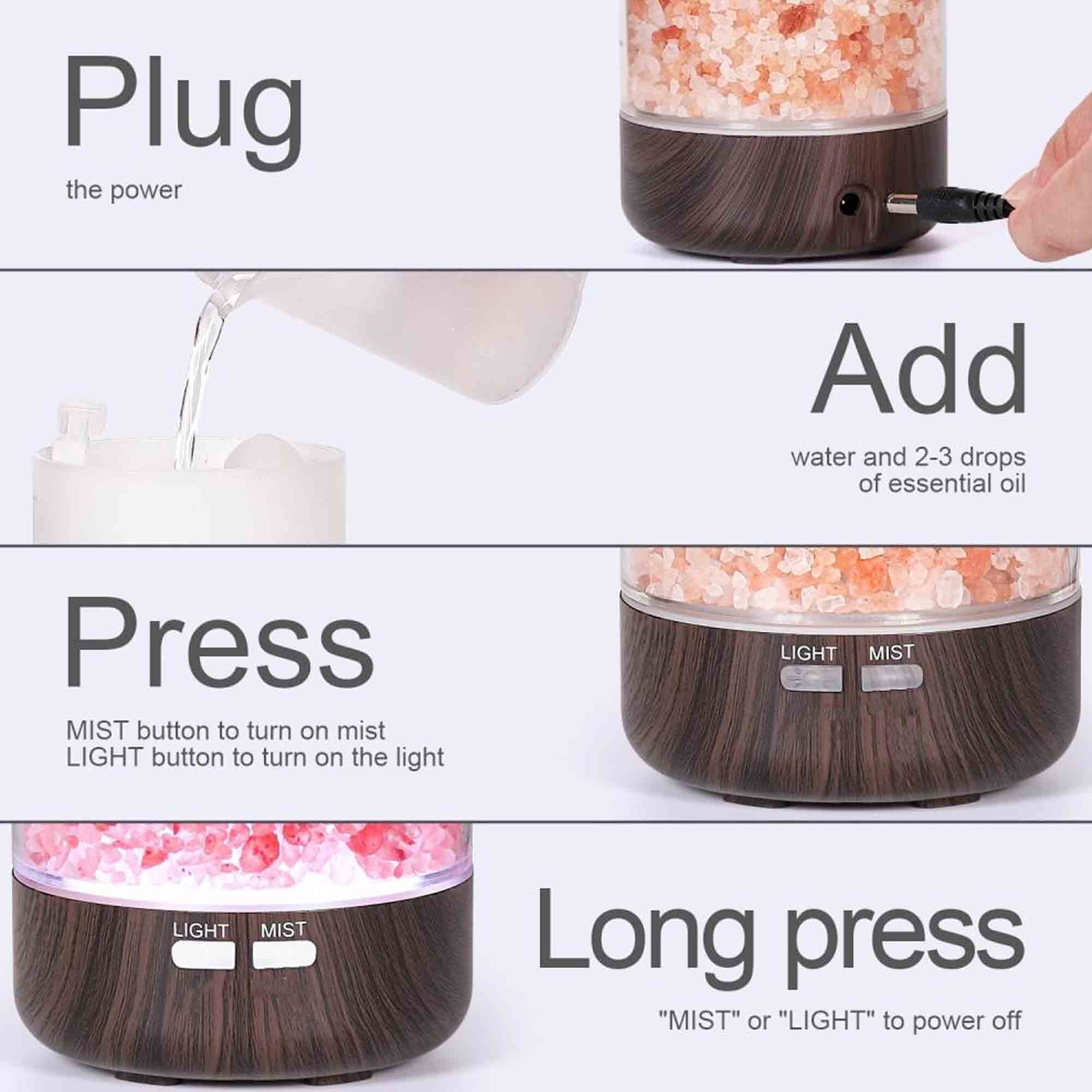 Essential Oil Aromatherapy Home Diffuser with Himalayan Pink Salt Crystal, 7 Color Lights, 2 Mist Humidifier Modes, Nightlight for Home, Office, Bedroom, Spa, Yoga 120ml