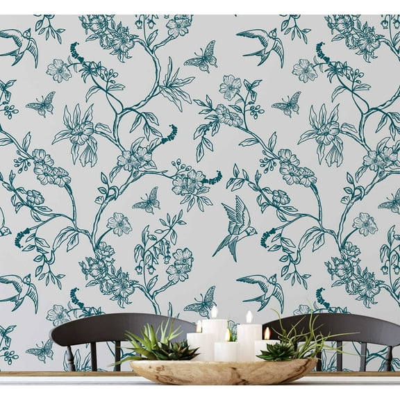 S4sassy Self Adhesive Wallpaper, Botanical Bird and Blossom Wallpaper, Green Removable DIY Vinyl Wall Covering, Peel and Stick Contact Paper for Entryway accent Wall, Easy Home Decor (25"x240")