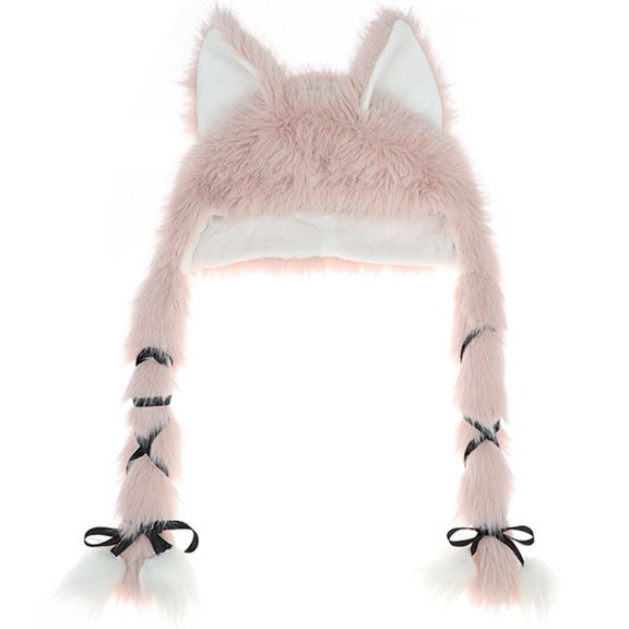 Jiibva Furry Ears Hat With Braided Tassels Warm Winter Hat Cute Hooded Scarf for Halloween Party Cosplay Costume Head Accessories
