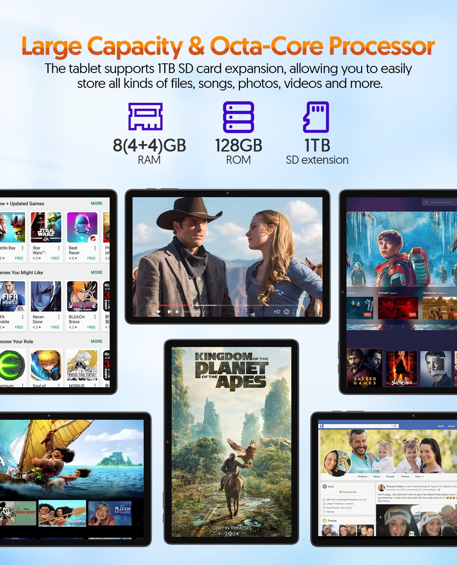 11 Inch Android 14 Tablet 2 in 1 Tablet, Qcta Core, 8GB RAM+128GB ROM+1TB Expand, 2+8MP Camera, 8000mAh Battery, 5G/2.4G WiFi, Bluetooth, Case (Gray)