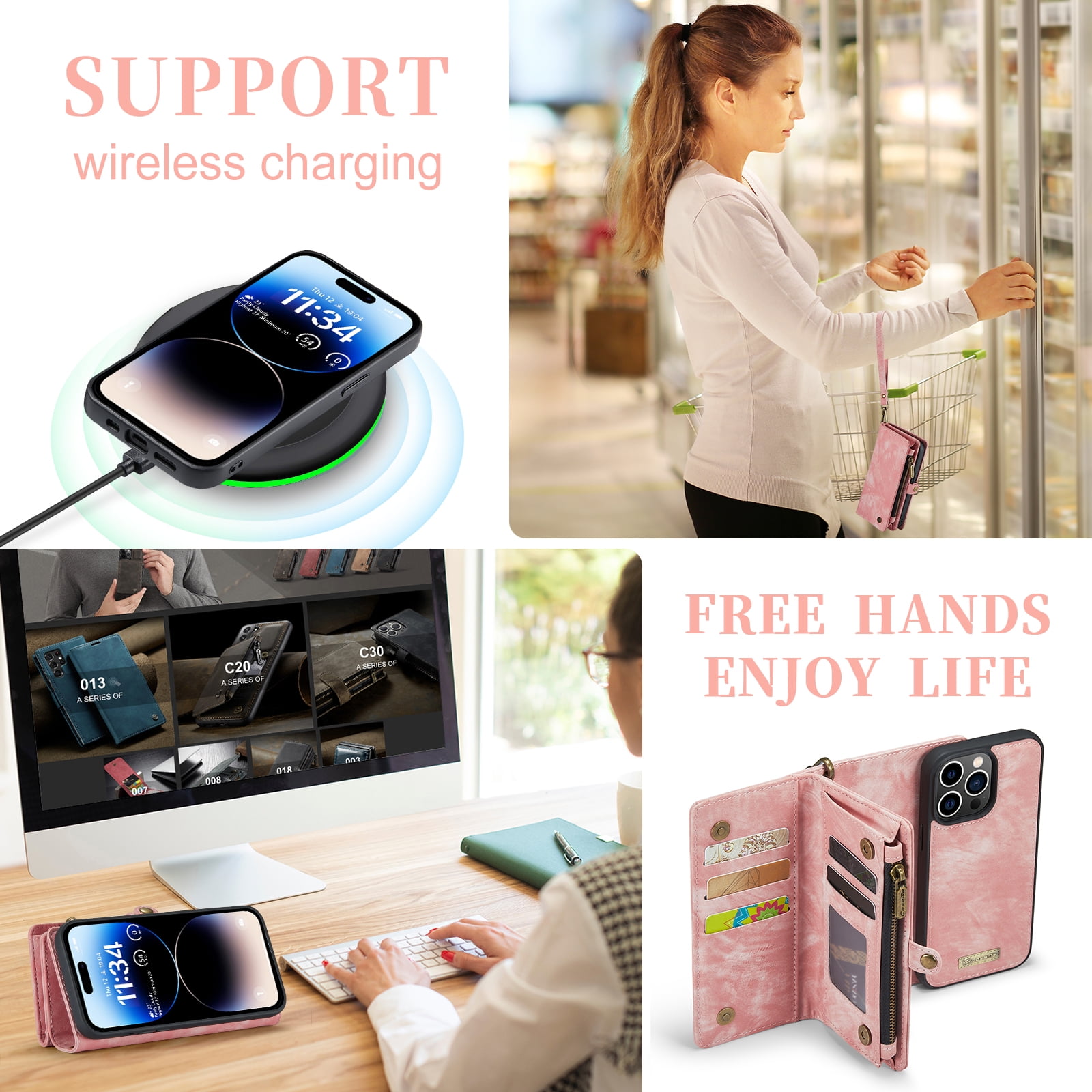 TECH CIRCLE 2-in-1 Magnetic Phone Case with Wrist Strap for iPhone 17 (2025), Detachable Flip Wallet Case with 8 Card Slots, Zipper Pocket, Stand, Protective Slim Magnetic Back Cover, Pink