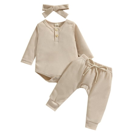 

Musuos Baby Girl Waffle Long Sleeve Bodysuit Sweatshirts Tops Long Pants Headband