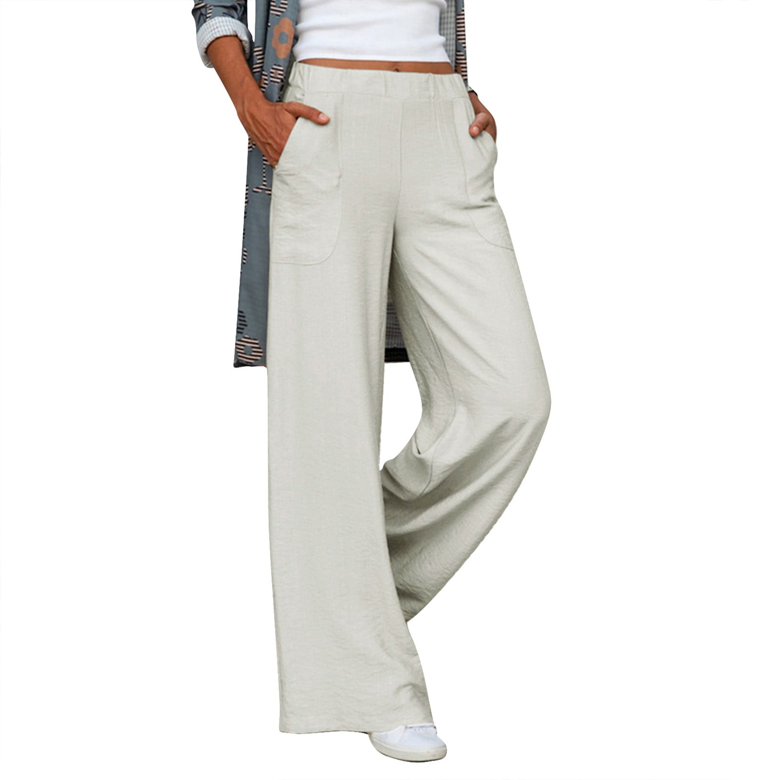 Pantalon Lin Femme été - Taille Haute élastique - Style Fluide Et Léger - Idéal Plage, Yoga Ou Casual