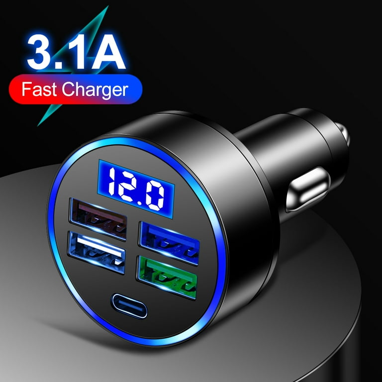 RuiKe 15.5W 4-port USB with Type-C 5-port LED digital display car charger  with voltage detection ABS+aluminum alloy 5-in-1 car charger 