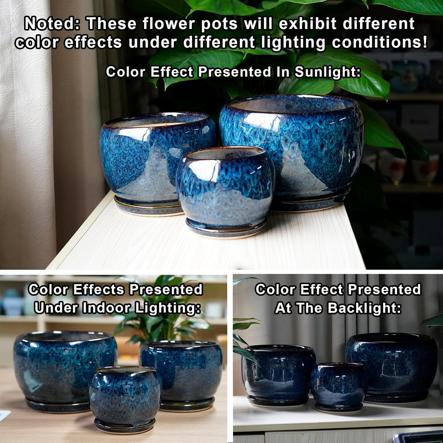 10 Inch Plant Pot - Ceramic Planter Pot with Drainage Hole and Saucer, Decorative Plant Pot for Indoor Outdoor Plants, Round Large Planter Flower Pot, Blue