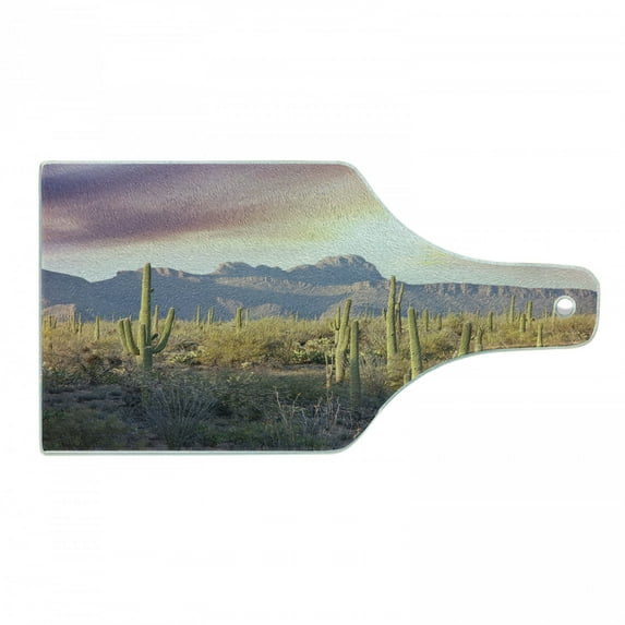 Arizona Cutting Board, USA National Park Photo of Exotic Saguaro Cactus in Sunny Day with Mountains, Decorative Tempered Glass Cutting and Serving Board, in 3 Sizes, by Ambesonne