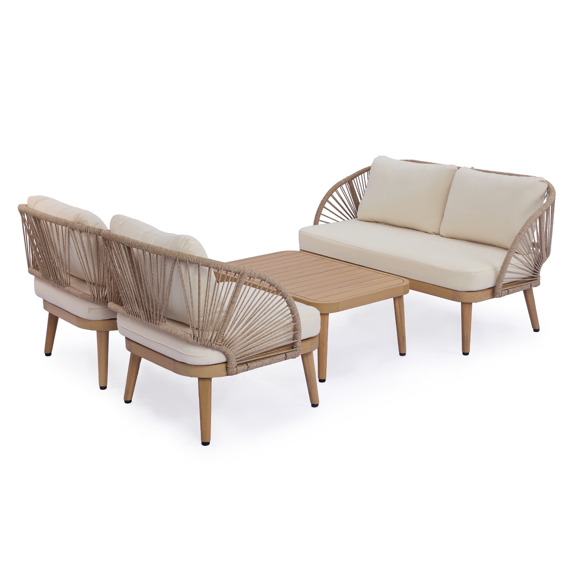 Christopher Knight Home Bohemian 4-Piece Acacia Wood Patio Set, Handwoven Rope Back, Light Teak