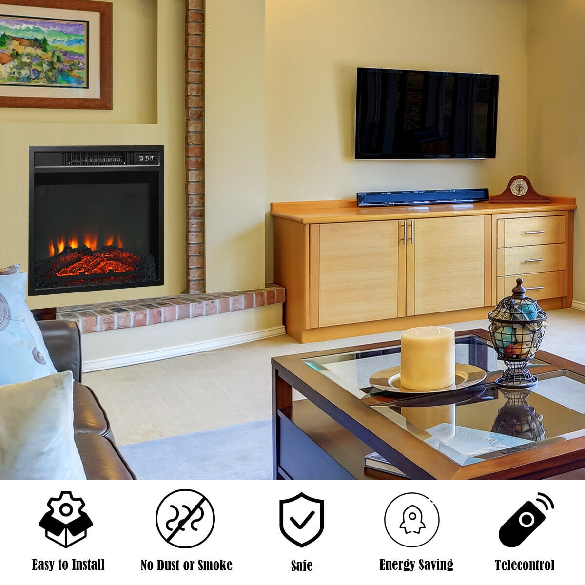 Gymax 1400W 18" Electric Fireplace Freestanding &Wall-Mounted Heater Log Flame Remote