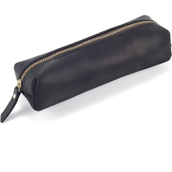 Leather Pencil Case Crazy Horse Large Capacity Genuine Leather Pencil Pouch Rectangular Portable Zippered Pen Cases with Zipper for Men