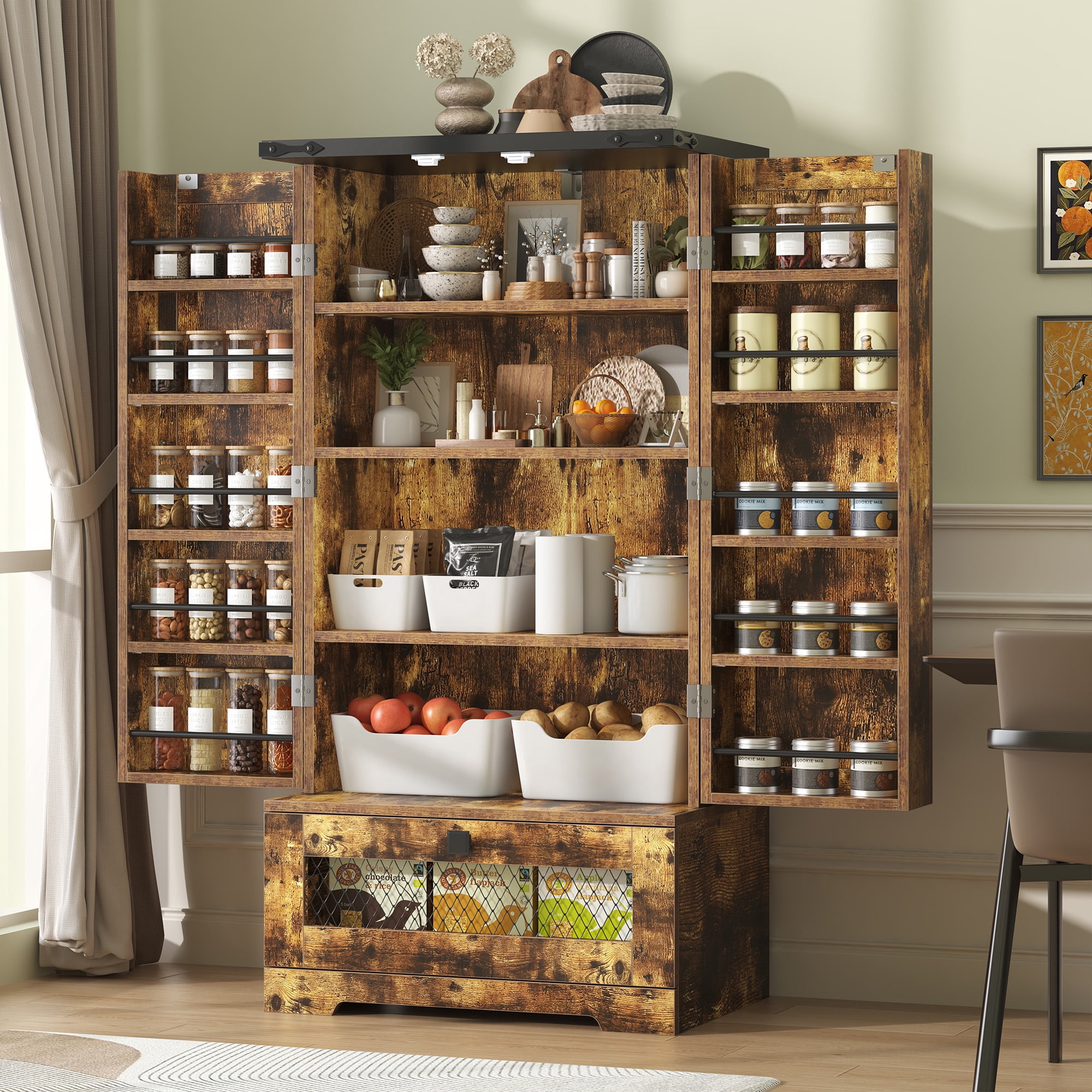 Casendy Kitchen Pantry Cabinets with Adjustable Shelves and Drawer, Farmhouse Kitchen Pantry Storage Cabinet with Doors, Buffet Cupboards Sideboard for Dining Room, Bathroom, Brown