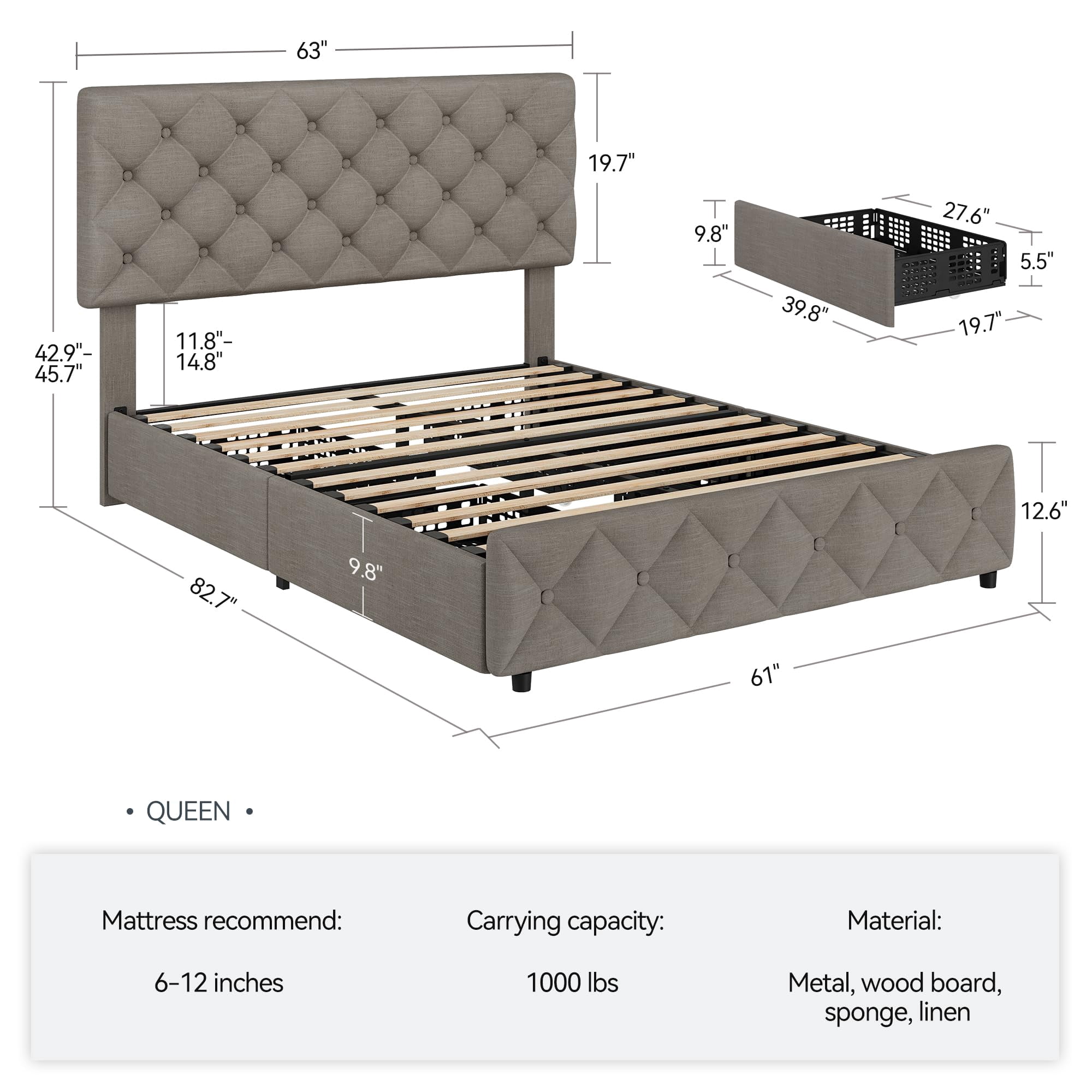 Full/Queen/King Size Bed Frame with 4 Storage Drawers and Headboard, Linen Upholstered Platform Bed Frame, Diamond Stitched Button Tufted, No Box Spring Needed, Easy Assembly