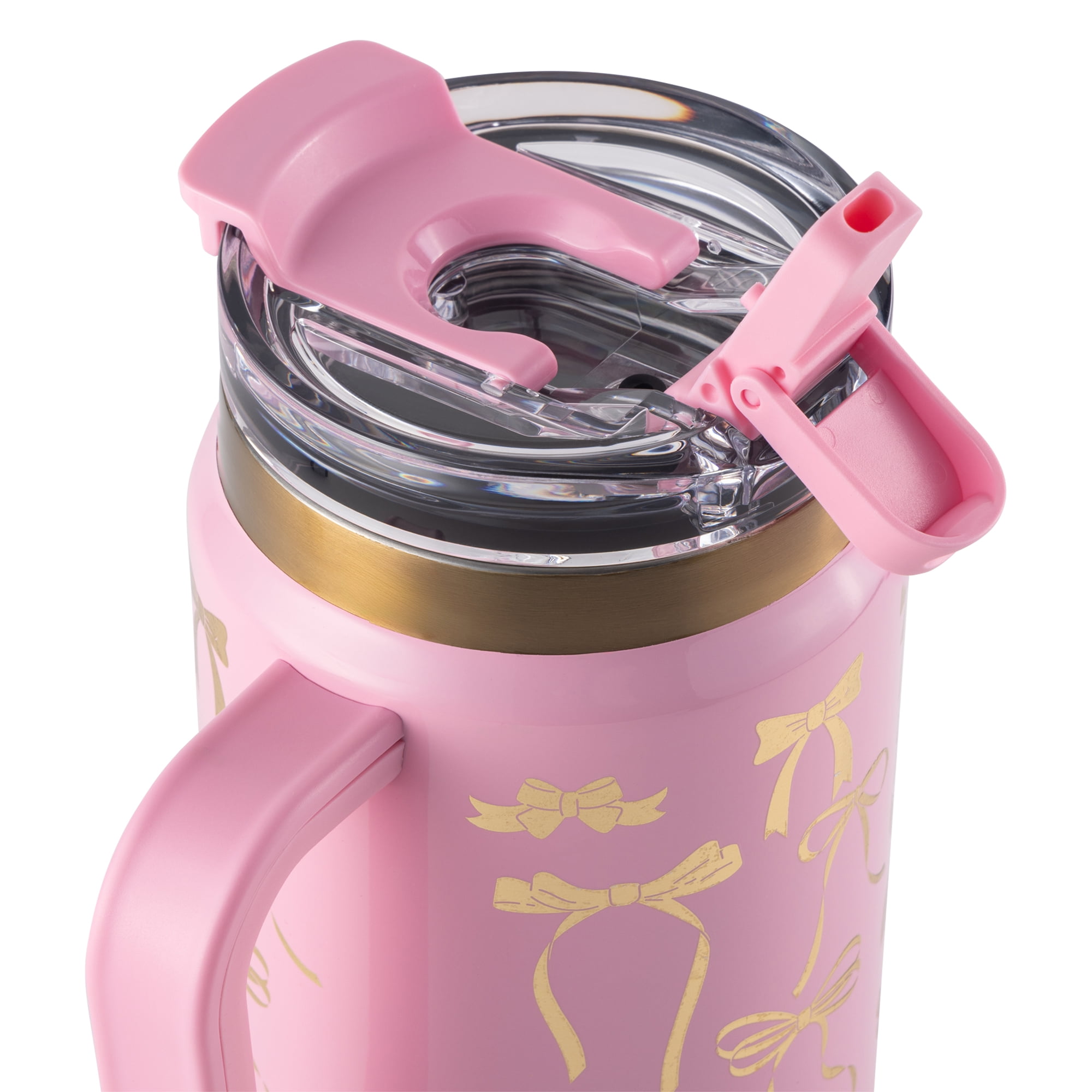 Thyme & Table 32 fl oz Stainless Steel Luna Tumbler with Handle and Dual Straw Lid, Pink & Gold Bows