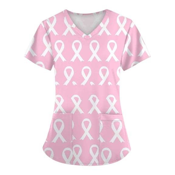 Women's Stretchy V-Neck Printed Work Tops | Lightweight Short Sleeve Nurse Uniforms with Pockets - Plus Size Casual & Daily Wear Pink Xxl