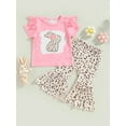 thumbnail image 2 of Bagilaanoe 2Pcs Toddler Baby Girl Easter Outfits Cartoon Rabbit Print Short Sleeve T-shirt Tops + Leopard Flare Trousers 6M 12M 18M 24M 3T 4T Kids Long Pants Set, 2 of 8