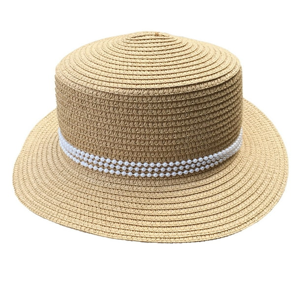 Sombrero de ala ancha y plana con parte superior de perla para mujer, de circunferencia de 56 a 58 cm, sombrero para el sol, plegable, para exteriores, para verano