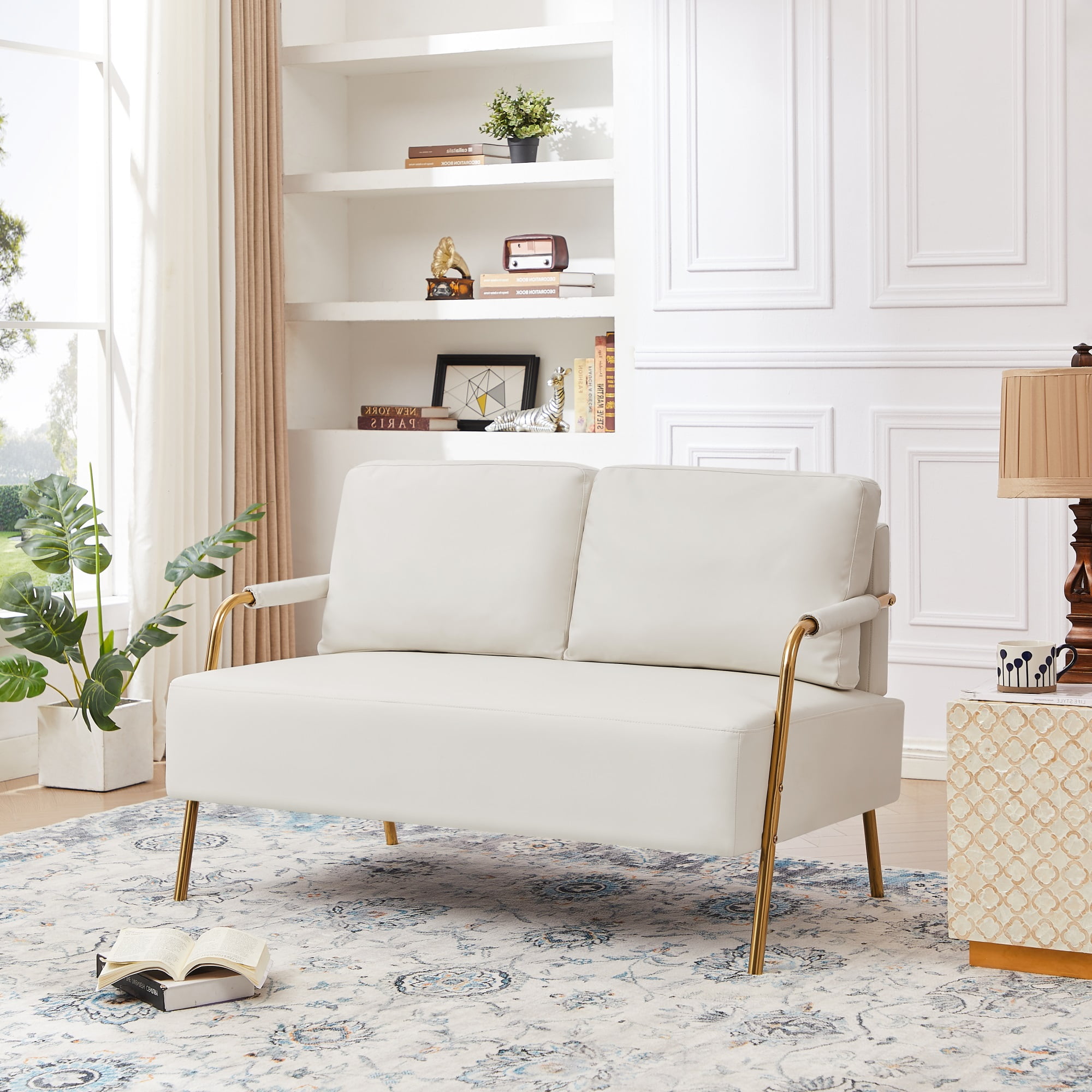 Miniyam Small Upholstered Lovesea,2-seater Couch with Removable Back Cushion and Metal Leg,White