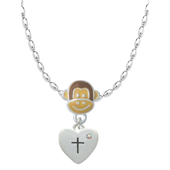 Delight Jewelry Silvertone Small Heart with Cross & Fish with Crystal Mia Monkey Charm Necklace