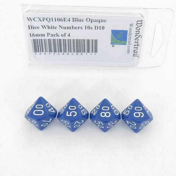 Blue Opaque Dice with White Numbers 10s D10 Aprox 16mm (5/8in) Pack of 4 Wondertrail