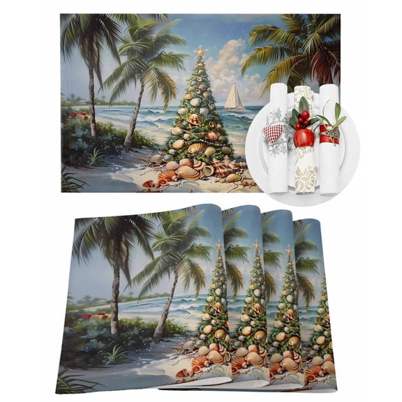 Christmas Placemats Set of 4, Seashell Xmas Tree Place Mats Beach Palm Tree Boat Cloud Placemat Table Decoration for Kitchen Table Dinner Xmas Holiday Party Home Decor Indoor Outdoor 13x19 Inch