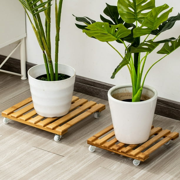 Cotonie Bamboo Movable Plant Pot Trolley Tray Square Universal Wheel