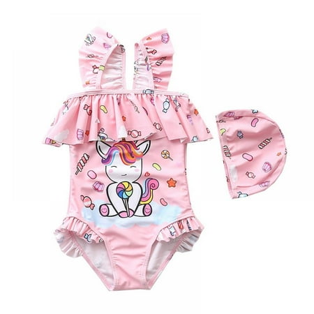 

BULLPIANO Girls Swimsuit Ruffle Strap Bathing Suit Kids One Piece Swimsuits Cute Swimwear with Hat 1-7 Years