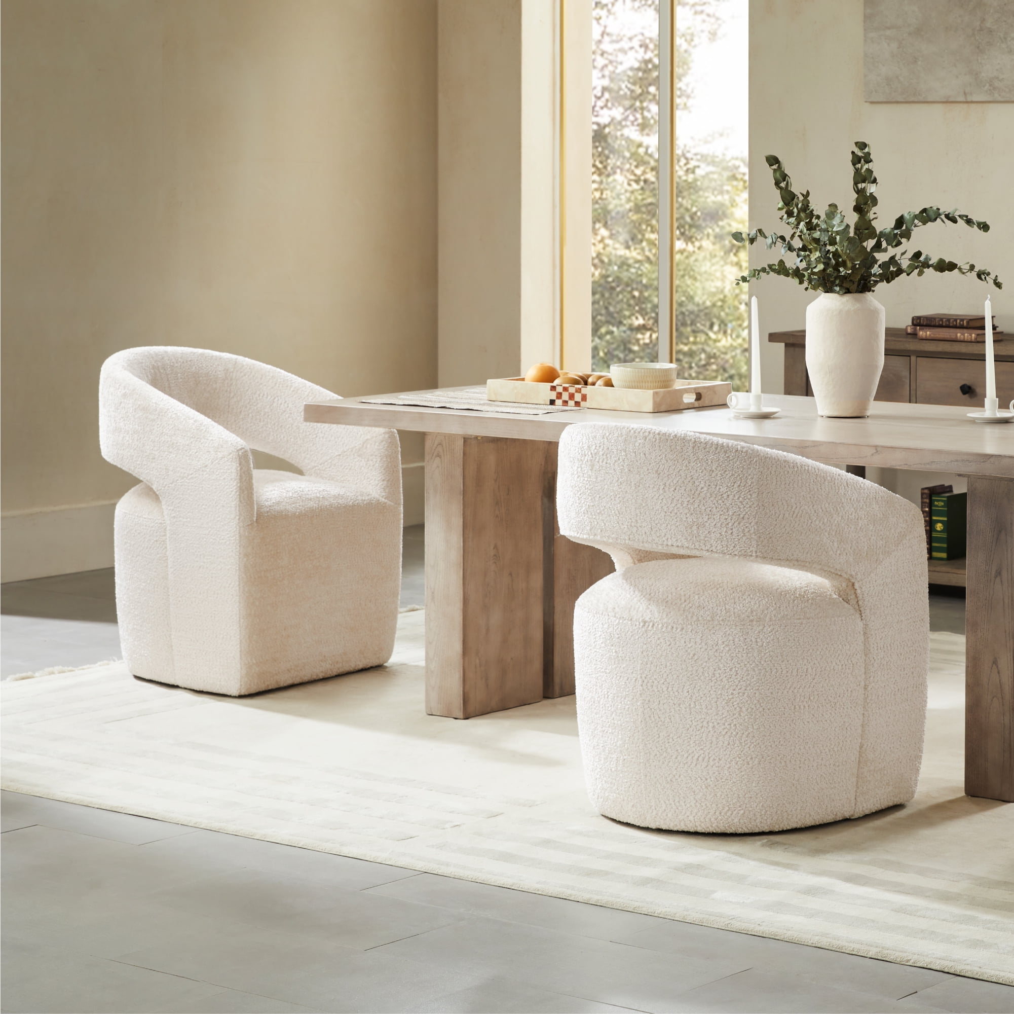 CHITA Modern Dining Chair with Caster Wheels & Open Back, Upholstered Dining Room Chairs, Fabric in Beige