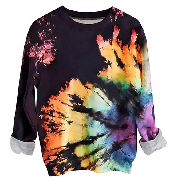 AOOCHASLIY Hoodies for Women Trendy Casual O-Neck Long Sleeve Tie-dye Printed Sweatshirt Tops Blouse