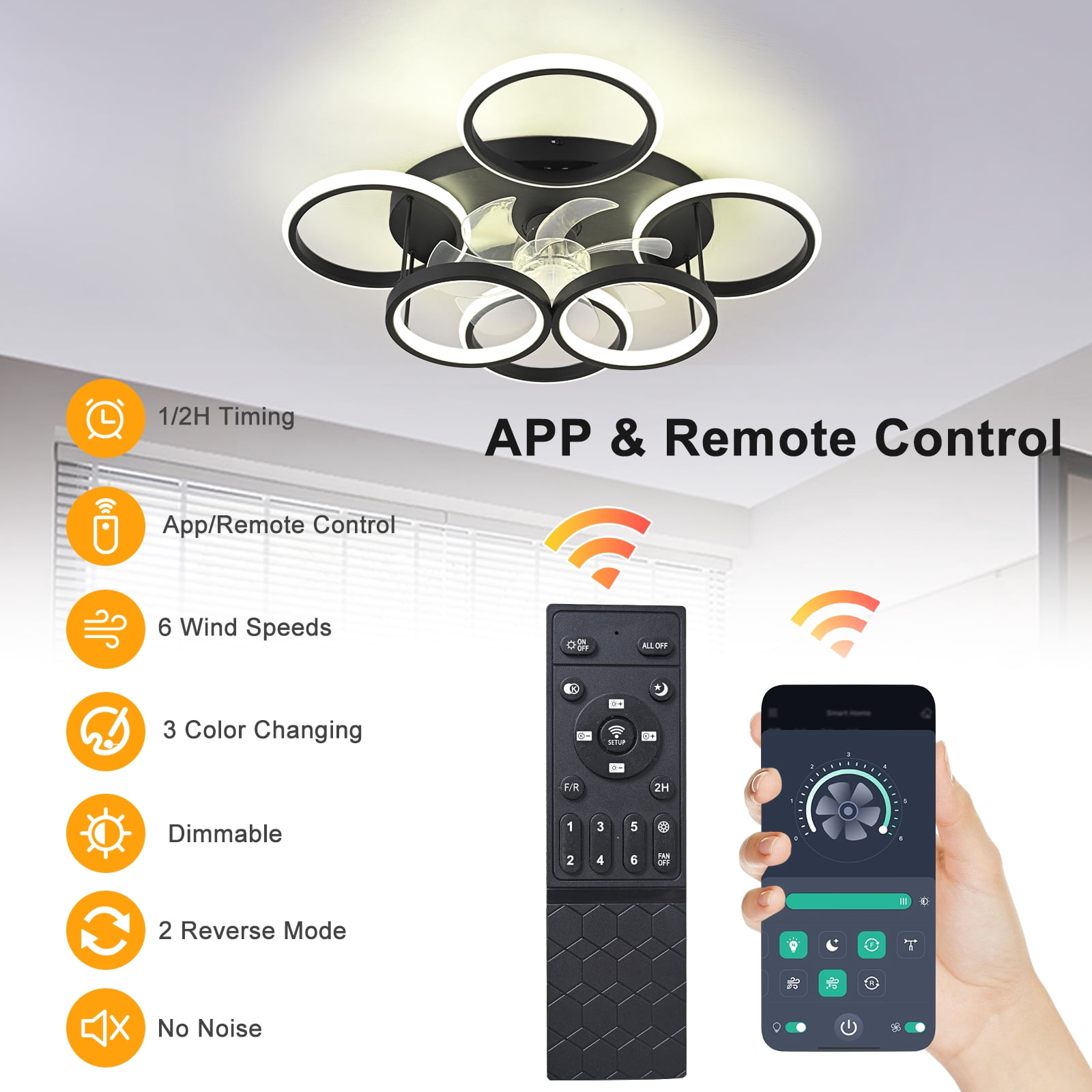 Garwarm Ceiling Fans with Lights, Modern Ceiling Fan with Lights Remote Control, Low Profile Ceiling Fan, 6 Speed Dimmable LED Ceiling Lamp for Bedroom, Kitchen, Black
